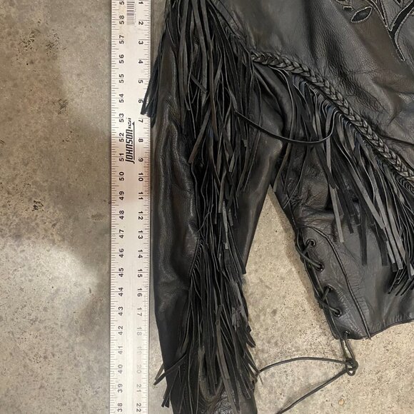 Black Leather Vintage Biker Jacket with Fringe and Rose Detail - Picture 13 of 13